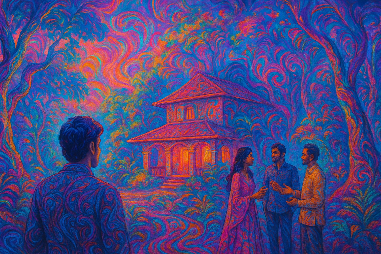 A wide digital painting shows a serene villa in the center of a dense, glowing forest at sunset. In the foreground, a man is seen from behind, watching three friends talk and laugh outside the warmly lit villa. The forest is alive with dreamy, psychedelic patterns in the sky, blending nature with mystical visuals, evoking a deep sense of connection and introspection.