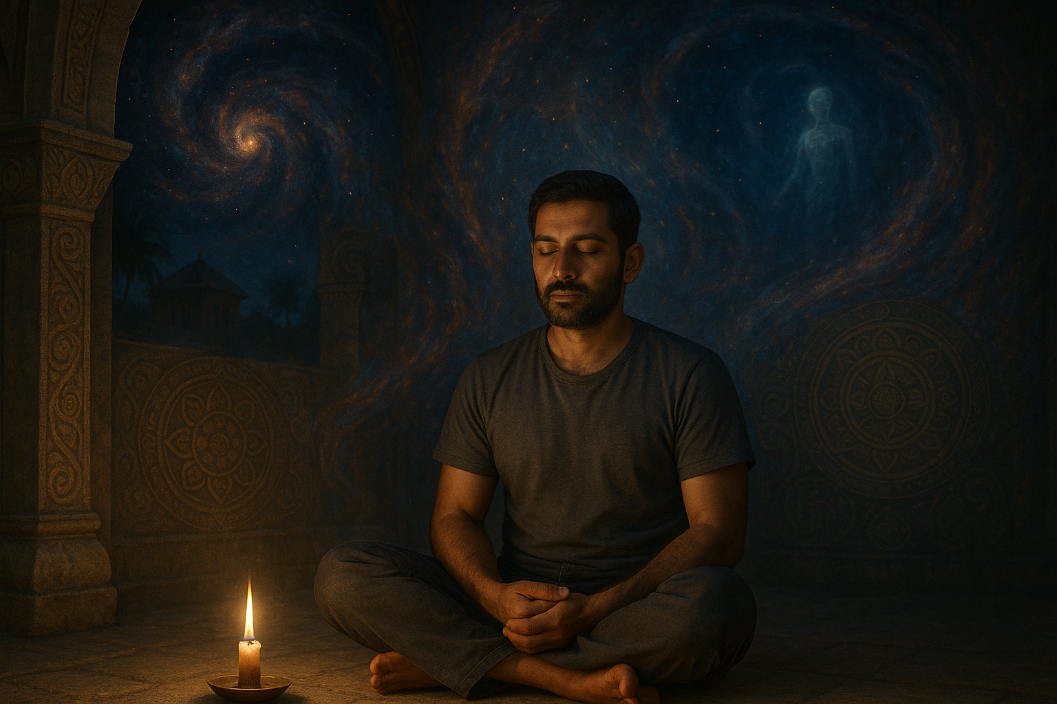 A realistic photo of a South Asian man meditating cross-legged in a candle-lit ancient stone pavilion, surrounded by cosmic galaxy visuals and sacred geometric mandalas, symbolizing spiritual awakening and psychedelic introspection.