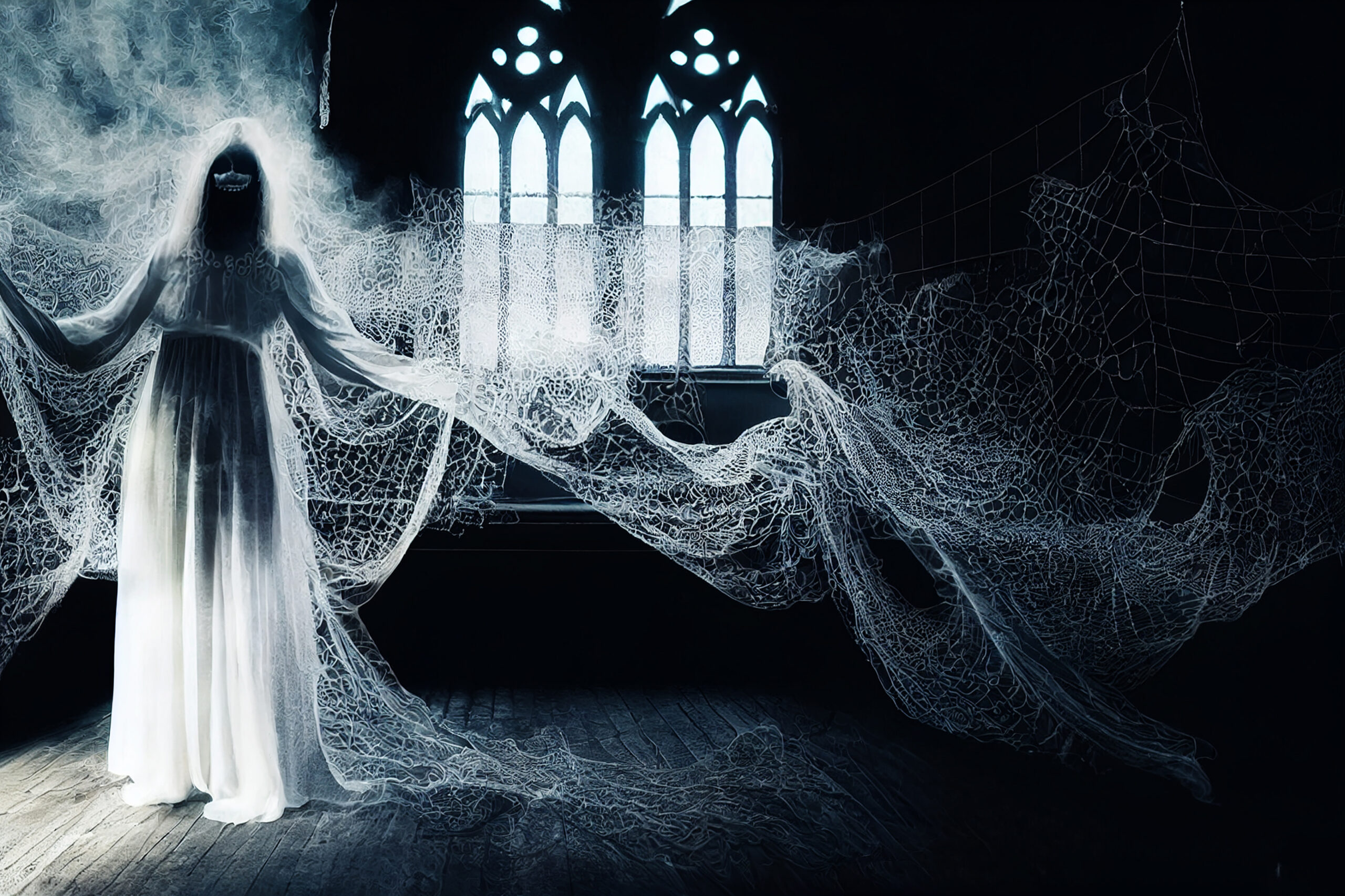 A translucent ghostly figure appears descending an old wooden staircase in a dimly lit historical mansion.
